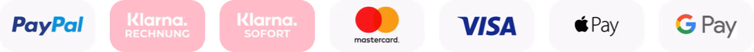 PayPal, Klarna, Mastercard, Visa, Apple Pay, Google Pay